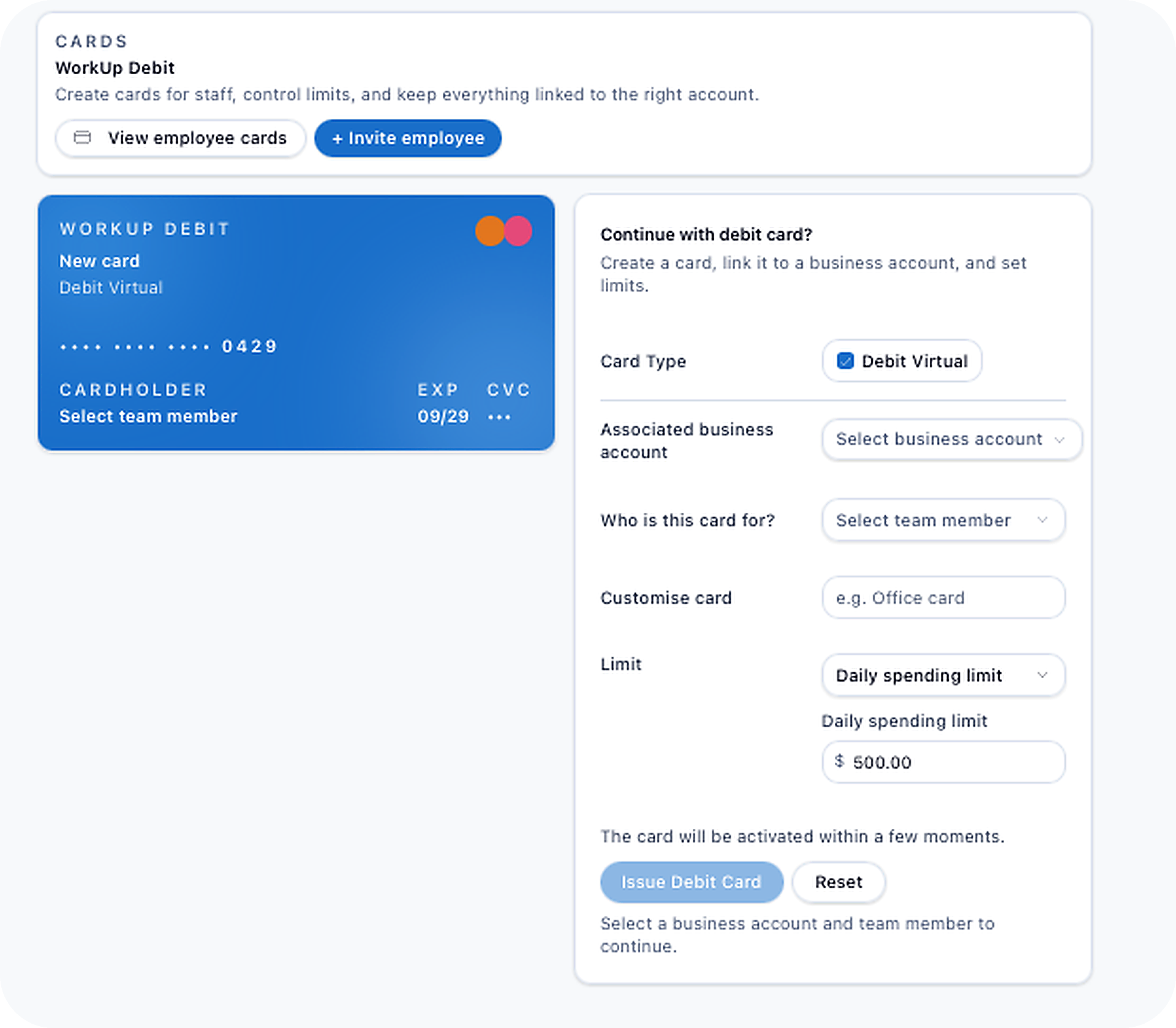 WorkUp debit cards management interface